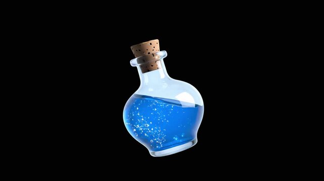 A detailed 3D animation of a glass flask containing a vibrant blue liquid and a cork stopper. Isolated on a solid black background, this blue mana or energy potion is designed for seamless integration