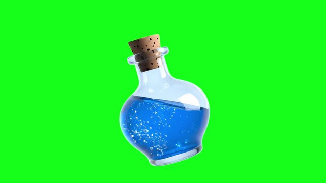 A professional 3D animation of a glass flask containing a vibrant blue liquid with a cork stopper. Isolated on a chroma key green screen, this mana or energy elixir is perfect for fantasy games, RPG i