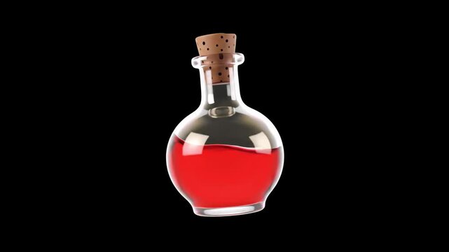 A professional 3D animation of a glass flask containing a vibrant red liquid with a cork stopper. Isolated on a solid black background, this health or healing elixir is perfect for fantasy games, RPG 