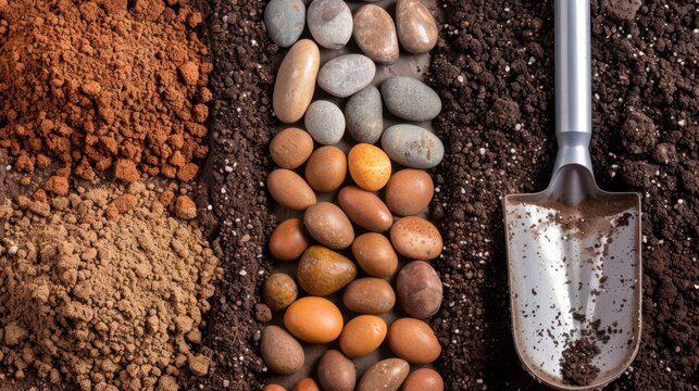 Textures of Soil and Stones in Garden Setting with Shovel for Gardening or Landscaping Projects