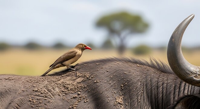 Bird perched on animal in natural environment daylight photography