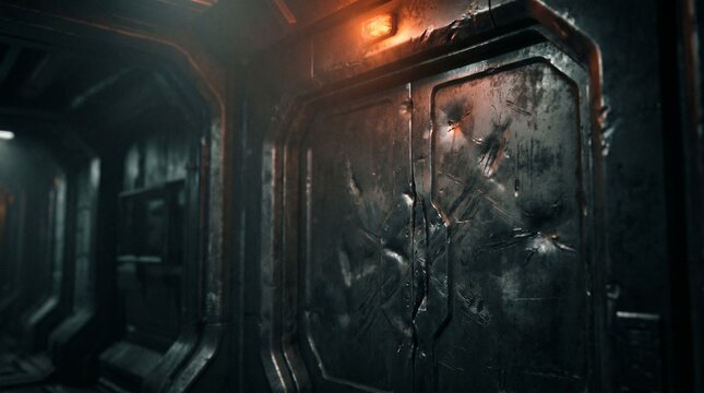 Heavily dented metal airlock door forced shut in a dark corridor under an orange hazard light, concept of emergency lockdown and sci-fi danger