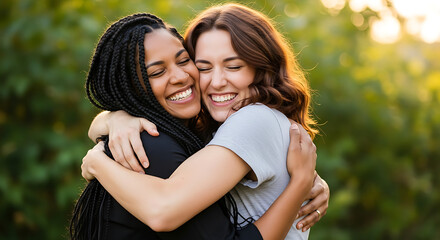 Fototapeta premium Diverse Friends Hugging Outdoors Happiness Connection Summer Joy.