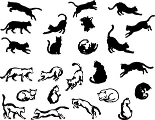 Fototapeta premium Collection of black cat silhouettes in various playful poses