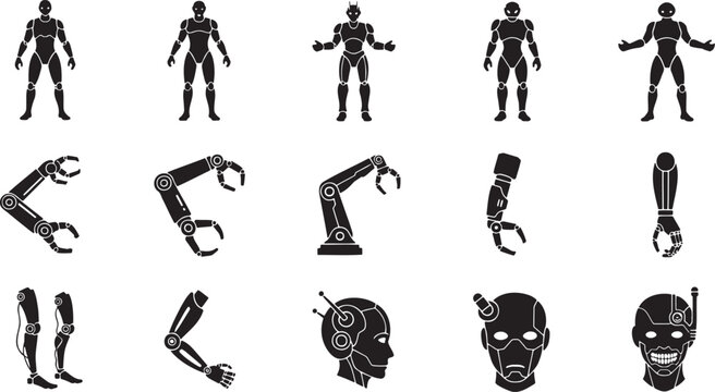 Collection of black robot and mechanical arm silhouettes on white background