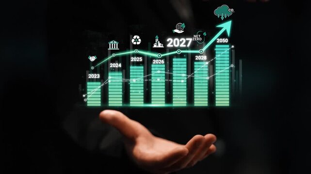 Businessman Holding Digital Chart with Growth Statistics Showing Future Projections Towards Carbon Neutrality by 2050 Sigmoid