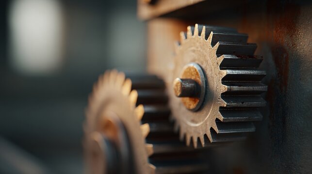 Industrial gears with grease texture in factory environment warm cinematic content close-up perspective
