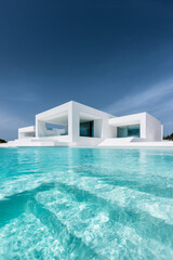 Fototapeta premium modern minimalist white villa with pool, luxury geometric white house with turquoise pool, contemporary mediterranean villa with clean lines and terrace