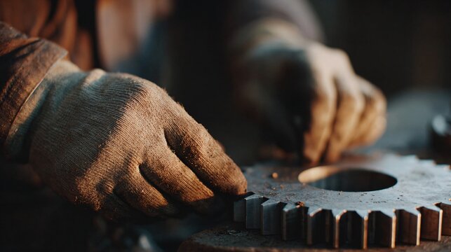 Hands assembling gear with wrench workshop industrial process close-up mechanical engineering