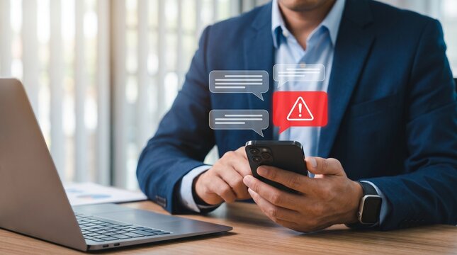 Businessman checking smartphone with new message, email alert and spam warning symbol, cyberattack warning icons. Cyber security and cybercrime.