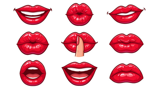 Set of various vibrant red lips illustrations showcasing different expressions and actions