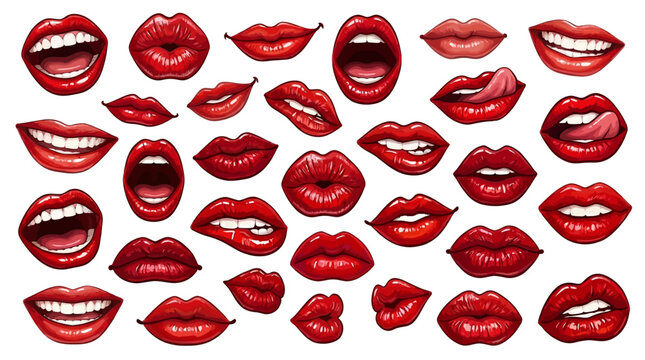 Collection of realistic red lips showing various expressions like smiles, biting lips, and tongue out
