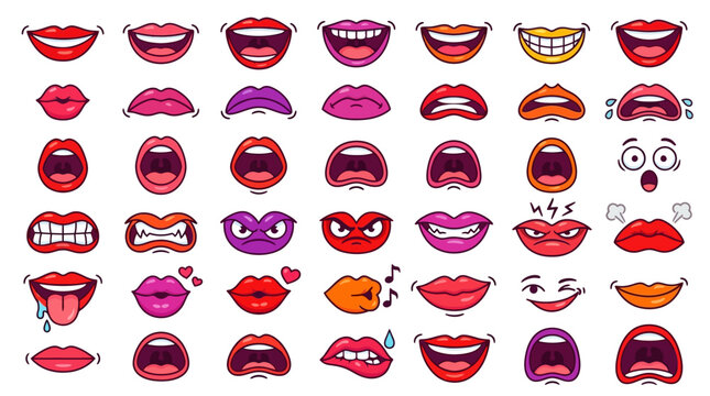 A vibrant collection of diverse mouth expressions, capturing a spectrum of emotions with striking red lips and exaggerated features