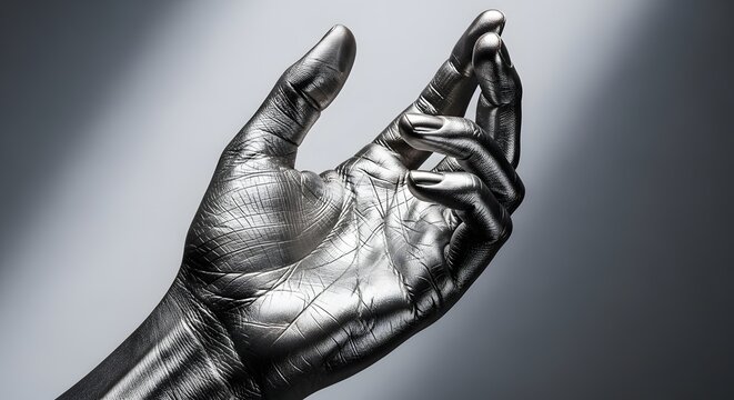 Human hand painted in metallic silver chrome. Future technology and artificial intelligence concept. Open palm showing detailed skin texture covered in shiny reflective liquid metal