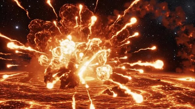A massive explosion occurs in space with flames and sparks flying everywhere quickly.