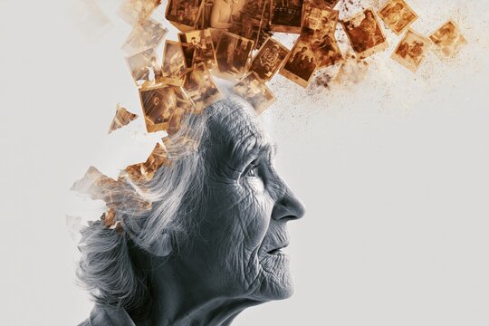 Elderly woman's fragmented memories dissolving, symbolizing alzheimer's disease and cognitive decline