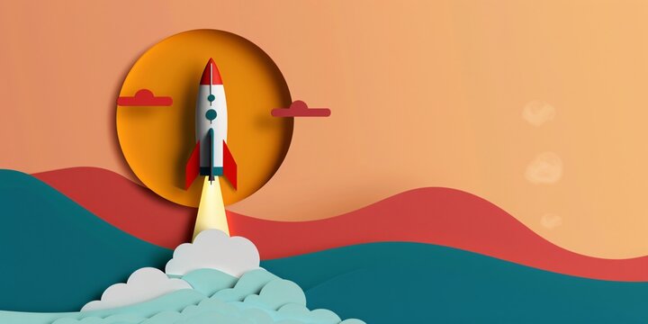 Rocket launch scene with layered clouds and sun creative illustration digital art whimsical environment