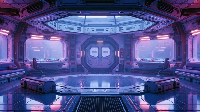 Interior of a futuristic space station control room with glowing neon lights.