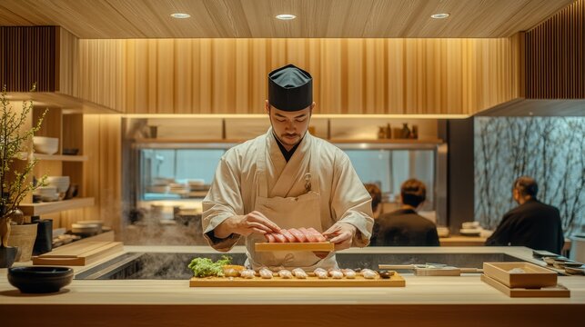 Premium omakase sushi with precision by a professional sushi chef.chef slicing sashimi,Hands of chef preparing fresh sushi,quite expensive, Omakase tasting,private place concept.