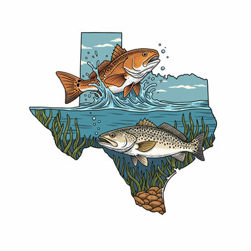Texas state map shape with redfish jumping and spotted seatrout swimming in coastal grass