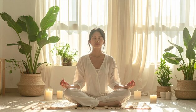 白い服を着たアジア人女性が観葉植物とキャンドルに囲まれた明るい部屋で瞑想する