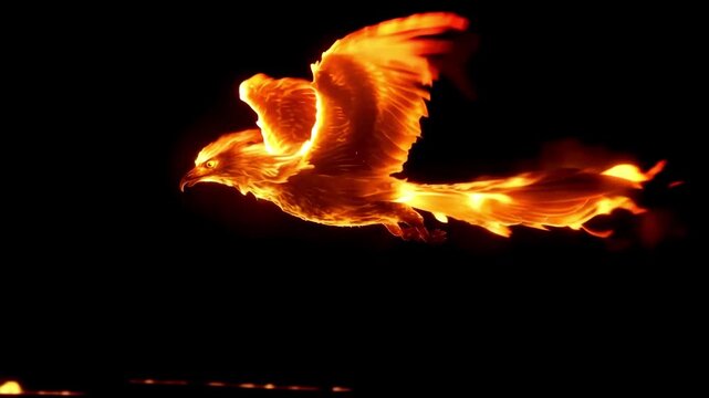Golden phoenix made of radiant flames soars through darkness, leaving fiery trails before exploding into pure white light for a seamless cinematic transition. Flying on empty black background