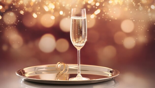 A single flute of sparkling champagne with rising bubbles standing on a silver tray next to two gold wedding rings against a festive warm golden bokeh light background.