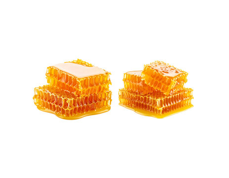A delectable close-up macro image of fresh organic honey and a plump honeycomb separated from a white background.