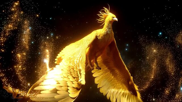Golden phoenix made of radiant flames soars through darkness, leaving fiery trails before exploding into pure white light for a seamless cinematic transition. Flying on empty black background