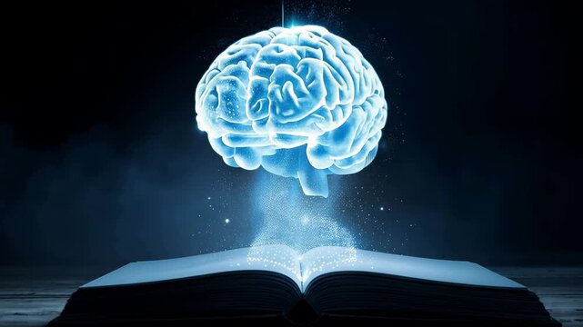 Knowledge and innovation creative concept. Glowing brain rising from open book with world map hologram. Symbolizing education, learning, inspiration, creativity and global technology future.