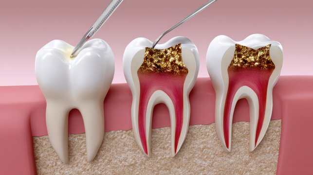 Detailed Illustration of Tooth Decay Process Showing Cavity Formation and Treatment Methods in a Dental Context