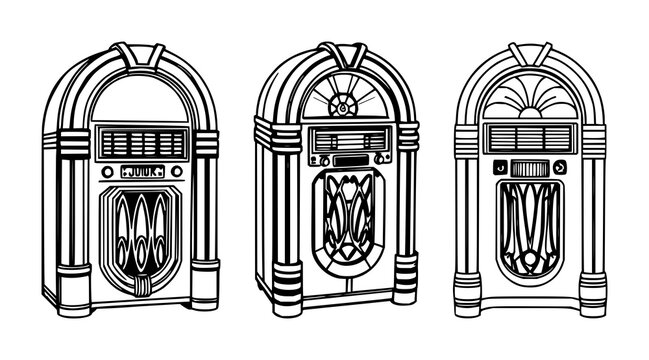 Retro jukebox set with black line art on white background featuring iconography, nostalgia, music with illustration and vector