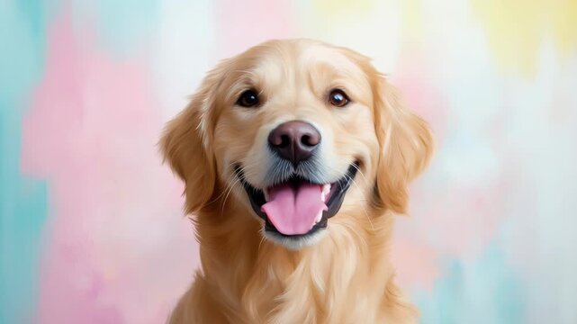 A golden retriever poses in four frames, each with a different colorful background. The dog smiles brightly, showcasing its playful personality and joy