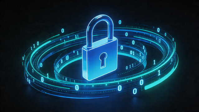 Digital Cybersecurity Concept Featuring a Glowing Blue Padlock Surrounded by Abstract Binary Data Streams and Circular Code Rings, Symbolizing Encryption, Privacy, and Secure Data Protection.