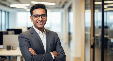 Fototapeta premium A confident professional businessman in formal attire stands in a modern office with arms crossed