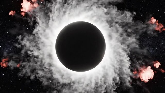 A total solar eclipse occurs in space with smoke and red clouds