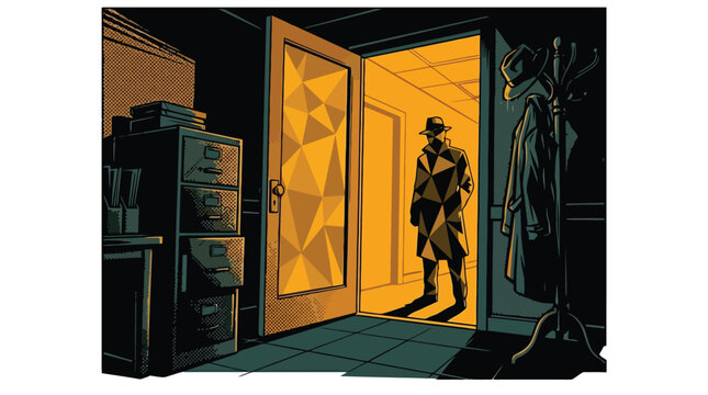 Intruder entering doorway under warm interior light.