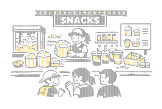 Cinema snack bar vector illustration, movie theater concession stand with popcorn and drinks, friendly staff serving customers at snacks counter