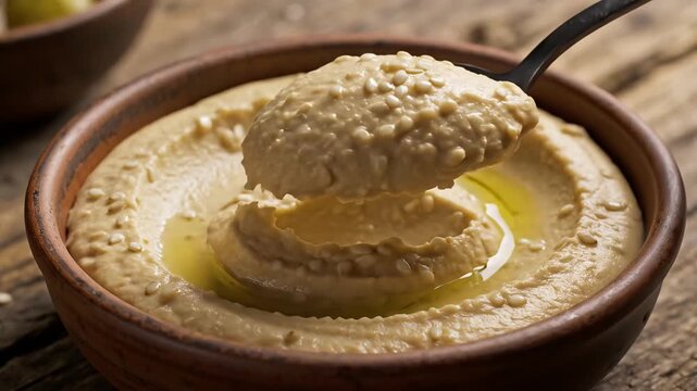 Delicious hummus dip in a brown bowl with olive oil and spoon