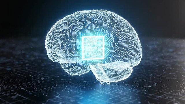 The Future of Intellect: A mesmerizing depiction of a human brain merging with an advanced computer chip, symbolizing the evolution of intellect and the future of technology. 