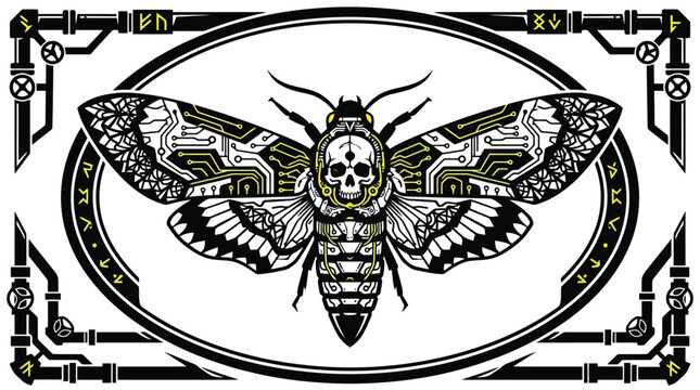 Skull Moth Illustration With Ornate Circular Frame.