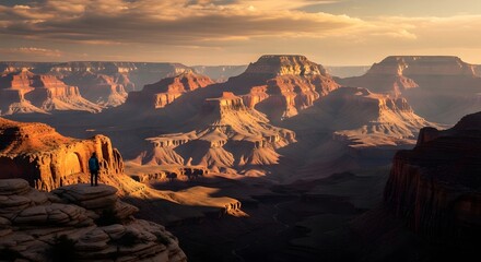 Naklejka premium Hiker standing on a cliff overlooking Grand Canyon. Adventure travel and achievement concept. Person with backpack looking at vast mountain landscape during sunrise with orange light