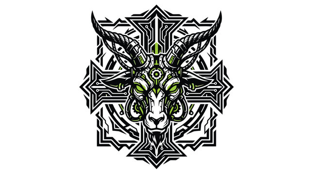 Stylized Goat Head with Elaborate Horns Inside Geometric Frame.