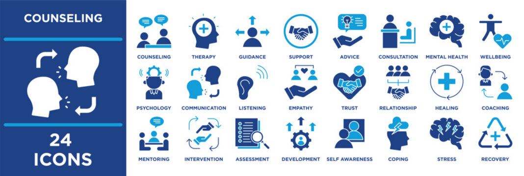 counseling icon collection set. Containing communication, listening, empathy, trust, relationship, healing, coaching, mentoring, intervention. solid