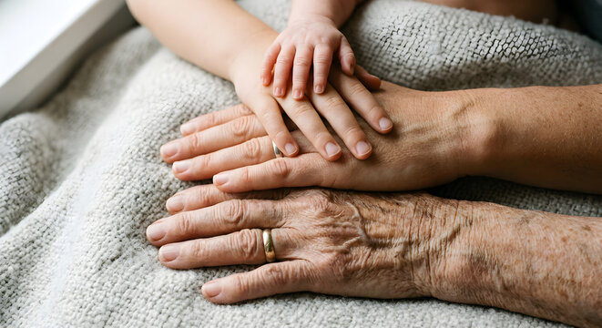 Touching hands of different generations, caring and support, intimate family moment, warm and comforting scene, close-up