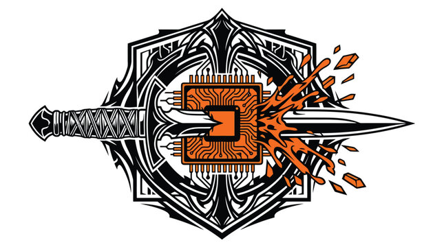 Sword Piercing Shield Emblem With Burning Sparks.