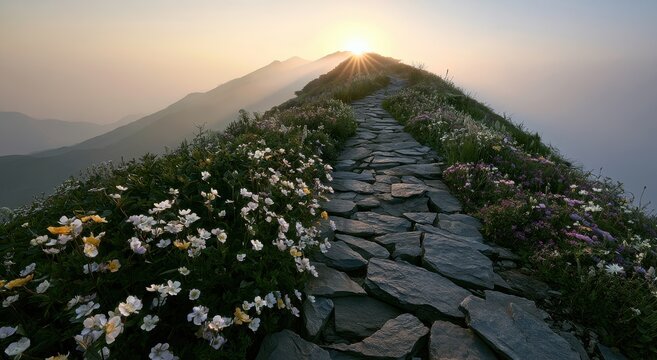 Stone hiking trail on a mountain ridge with blooming wildflowers at sunrise with a sunburst effect over the distant peaks in a serene high altitude landscape setting
