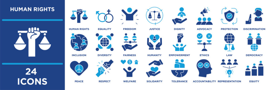 Human Right icon collection set. Containing diversity, fairness, humanity, rights, empowerment, ethics, law, democracy, peace, respect, welfare, solidarity. dual tone