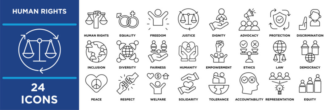 Human Right icon set featuring equality, freedom, justice, dignity, liberty, advocacy, protection, discrimination, inclusion. outline
