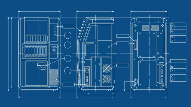 Blueprint technical drawing of a mechanical device.